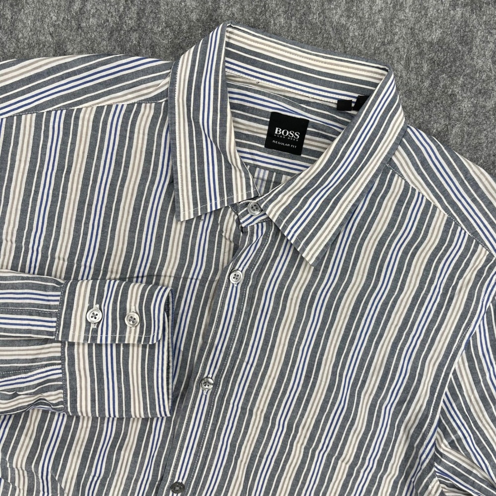Boss Hugo Boss Shirt Mens Large Striped Button Down Shirt Blue Grey Regular Fit